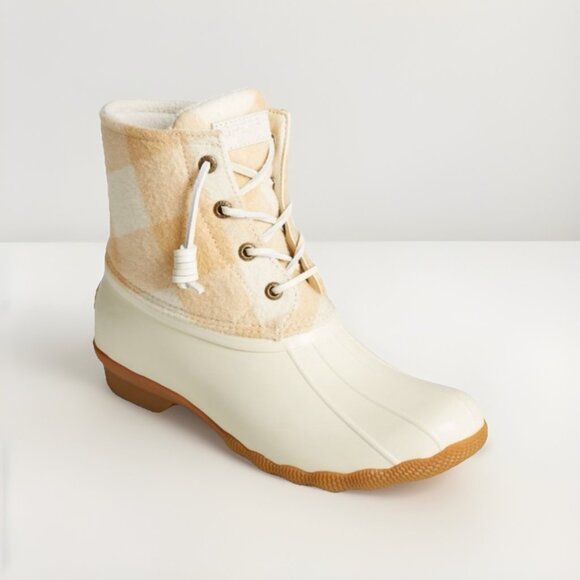 Sperry Women’s Cream & Tan Saltwater Buffalo Check Duck Rain Boots Shoes Sz 7.5 - Picture 1 of 7